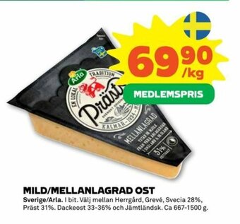 Stora Coop Sverige/Arla Mild/Mellanlagrad Ost 667-1500g erbjuda