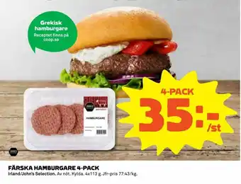 Coop Daglivs Irland/John's Selection Färska Hamburgare 4-pack 113g erbjuda