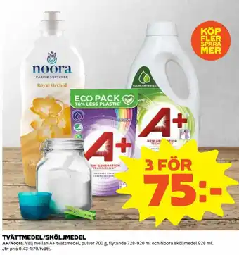 Coop Daglivs A+/Noora Tvättmedel/Sköljmedel 700g, 728-920ml och 928ml erbjuda