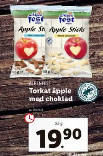 Lidl Alpenfest Torkat äpple med choklad 55g erbjuda