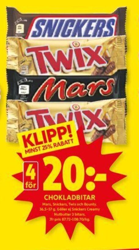 ICA Kvantum CHOKLADBITAR Mars, Snickers, Twix och Bounty. erbjuda