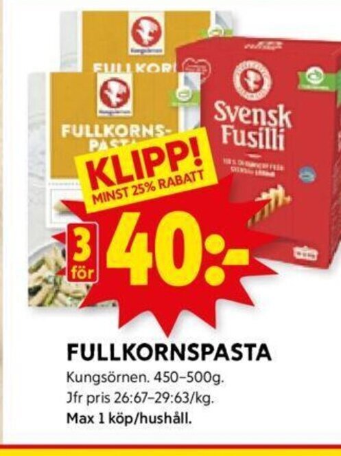 ICA Kvantum FULLKORNSPASTA Kungsörnen erbjuda