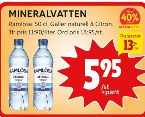 ICA Kvantum MINERALVATTEN Ramlösa. 50 cl. erbjuda