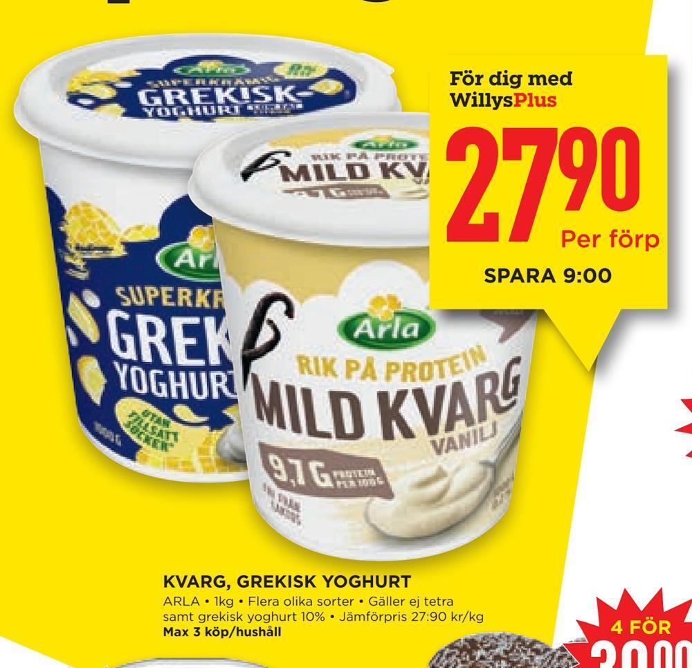 Willys Hemma Kvarg, grekisk yoghurt erbjuda
