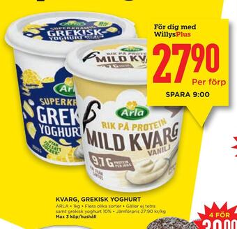 Willys Hemma Kvarg, grekisk yoghurt erbjuda