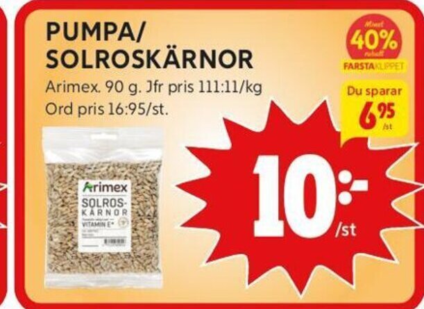 ICA Kvantum PUMPA/ SOLROSKÄRNOR Arimex. 90 g. erbjuda