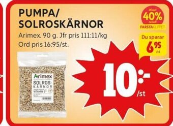 ICA Kvantum PUMPA/ SOLROSKÄRNOR Arimex. 90 g. erbjuda