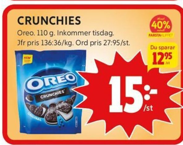 ICA Kvantum CRUNCHIES Oreo, 110 g. erbjuda