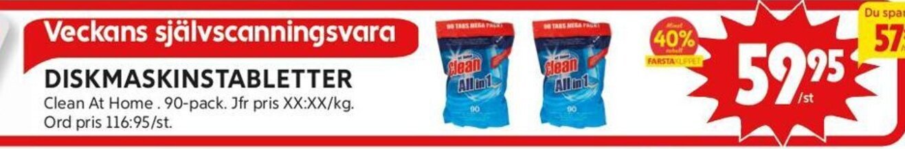 ICA Kvantum DISKMASKINSTABLETTER Clean At Home. 90-pack erbjuda