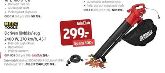 Eldriven lövblås/-sug 2400 w, 270 km/h, 45 l