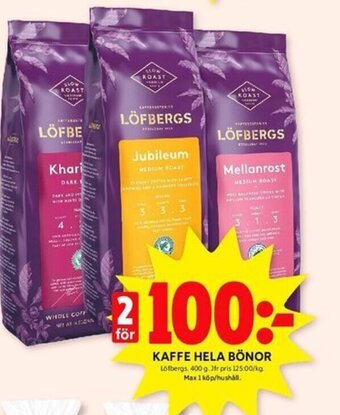 ICA Kvantum KAFFE HELA BÖNOR Löfbergs. 400 g erbjuda