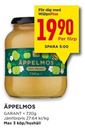 Willys ÄPPELMOS GARANT 720 g. erbjuda