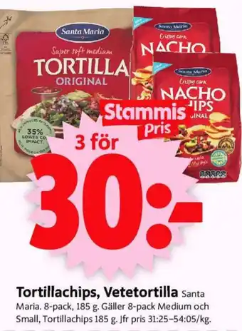 ICA Supermarket Santa Maria Tortillachips, Vetetortilla 8-pack 185g erbjuda