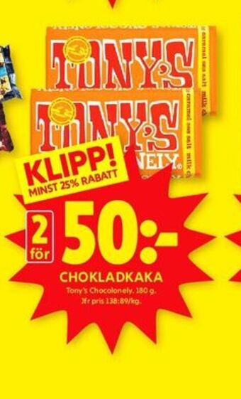 ICA Kvantum Tonys chocolonely chokladkaka erbjuda