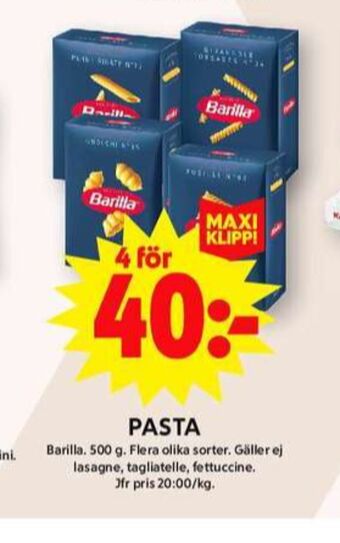 ICA Maxi Barilla pasta sorterad erbjuda