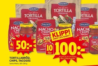 ICA Kvantum TORTILLABRÖD, CHIPS, TACOSÅS Santa Maria. 185-230 g. erbjuda