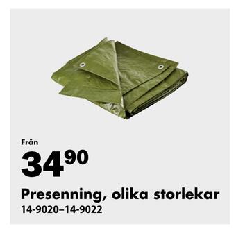 Presenning, olika storlekar
