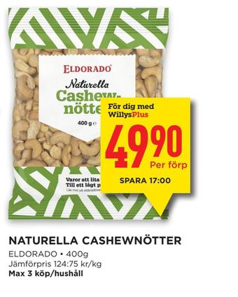 Willys Naturella cashewnötter erbjuda