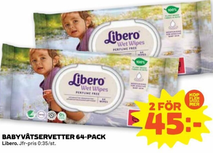 Stora Coop BABYVÅTSERVETTER 64-PACK Libero erbjuda