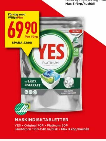 Willys Yes Diskmaskintabs erbjuda