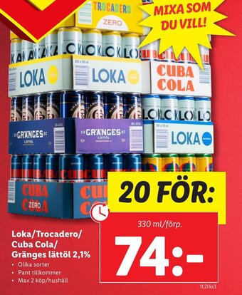 Lidl Loka/Trocadero/ Cuba Cola/ Gränges lättöl 2,1% erbjuda