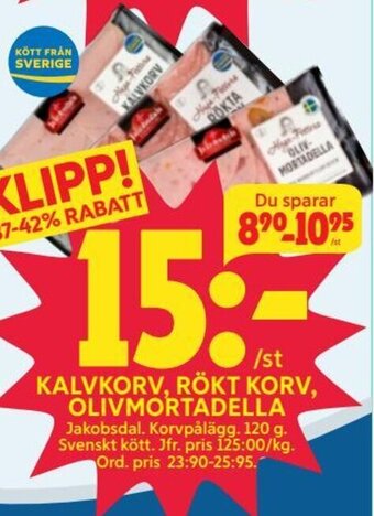 Ica Hajen Lagpris KALVKORV, RÖKT KORV, OLIVMORTADELLA erbjuda