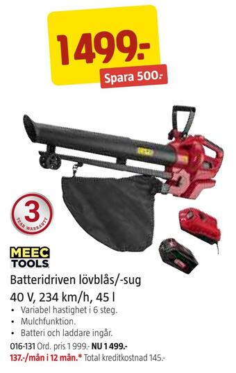 Jula Batteridriven lövblås/-sug 40 v, 234 km/h, 45 l erbjuda
