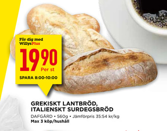 Willys Grekiskt lantbröd, italienskt surdegsbröd erbjuda