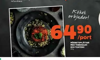 Rödbetsplättar med tabbouleh och tzatziki