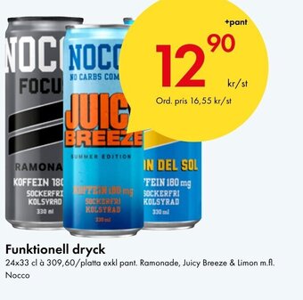 Snabbgross Funktionell dryck 24x33 cl à 309,60/platta exkl pant. Ramonade, Juicy Breeze & Limon m.fl. Nocco erbjuda