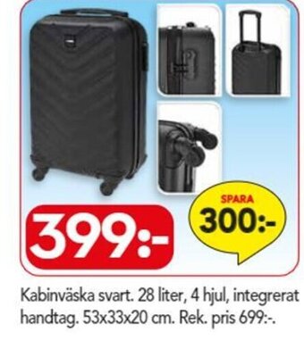 Kabinväska svart. 28 liter, 4 hjul, integrerat handtag. 53x33x20 cm