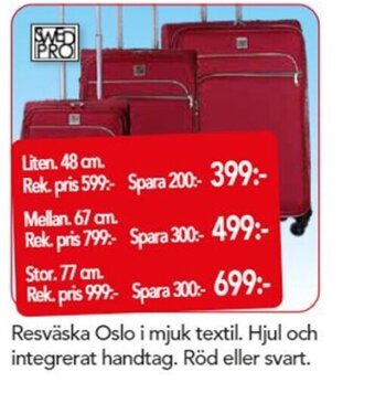 Bo Ohlsson Resväska Oslo i mjuk textil. Hjul och integrerat handtag. Röd eller svart. erbjuda