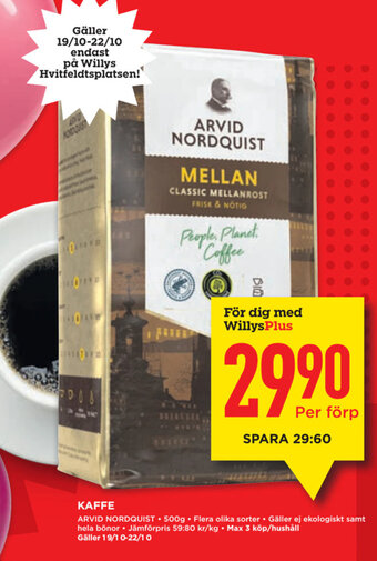 Willys KAFFE ARVID NORDQUIST 500g erbjuda