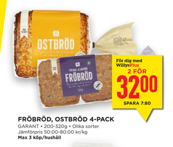 Willys Hemma Fröbröd, ostbröd 4-pack erbjuda