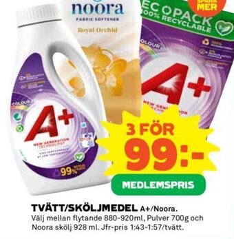 Coop TVÄTT/SKÖLJMEDEL A+/Noora erbjuda