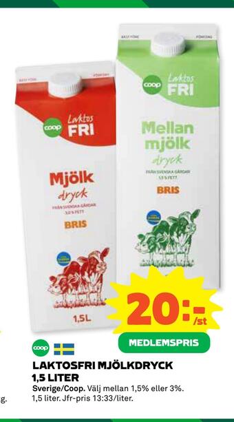 Coop Laktosfri mjölkdryck 1,5 liter erbjuda