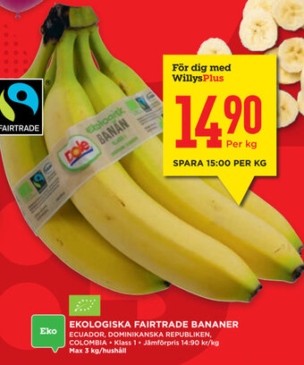 Willys Hemma EKOLOGISKA FAIRTRADE BANANER erbjuda