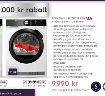 Electrolux Home Torktumlare t9dsp961b h 850 x b 596 x d 638 mm erbjuda