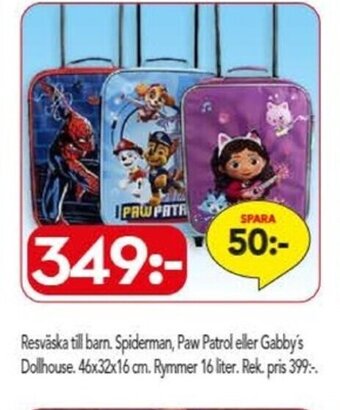 Bo Ohlsson Resväska till barn. Spiderman, Paw Patrol eller Gabby's Dollhouse erbjuda