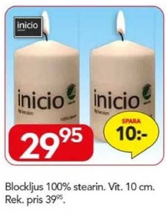 Bo Ohlsson Blockljus 100% stearin. Vit. 10 cm erbjuda