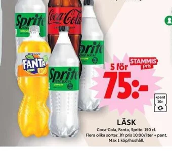 ICA Maxi LÄSK Coca-Cola, Fanta, Sprite 150 cl. erbjuda