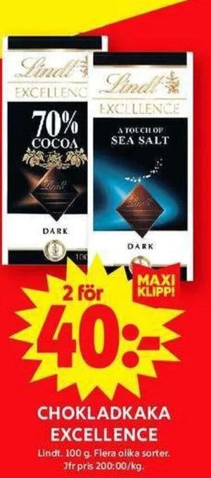 ICA Maxi CHOKLADKAKA EXCELLENCE Lindt. 100 g. erbjuda