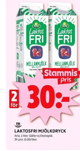 ICA Kvantum LAKTOSFRI MJÖLKDRYCK Arla. 1 liter. erbjuda