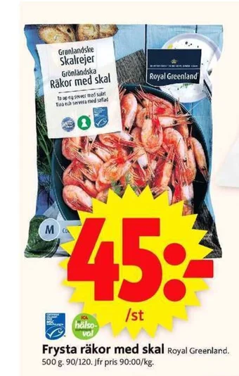 ICA Supermarket Frysta räkor med skal Royal Greenland. 500 g. erbjuda