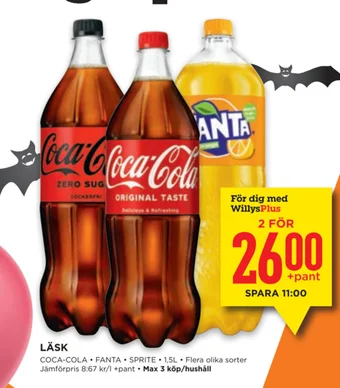 Willys LÄSK COCA-COLA , FANTA SPRITE 1,5L. erbjuda