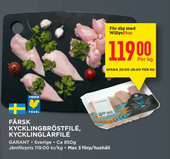 Willys FÄRSK KYCKLINGBRÖSTFILÉ, KYCKLINGLÅRFILÉ erbjuda