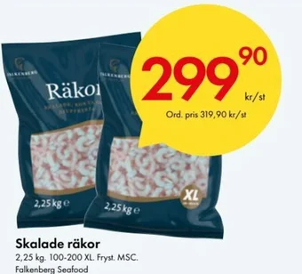 Snabbgross Skalade räkor 2,25 kg. 100-200 XL. Fryst. MSC. Falkenberg Seafood erbjuda