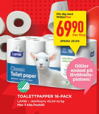 Willys Toalettpapper 16-pack erbjuda
