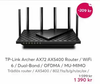 Webhallen TP-Link Archer AX72 AX5400 Router / WiFi 6/ Dual-Band / OFDMA / MU-MIMO erbjuda
