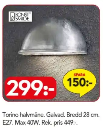 Bo Ohlsson Torino halvmåne. Galvad. Bredd 28 cm. E27. Max 40W erbjuda
